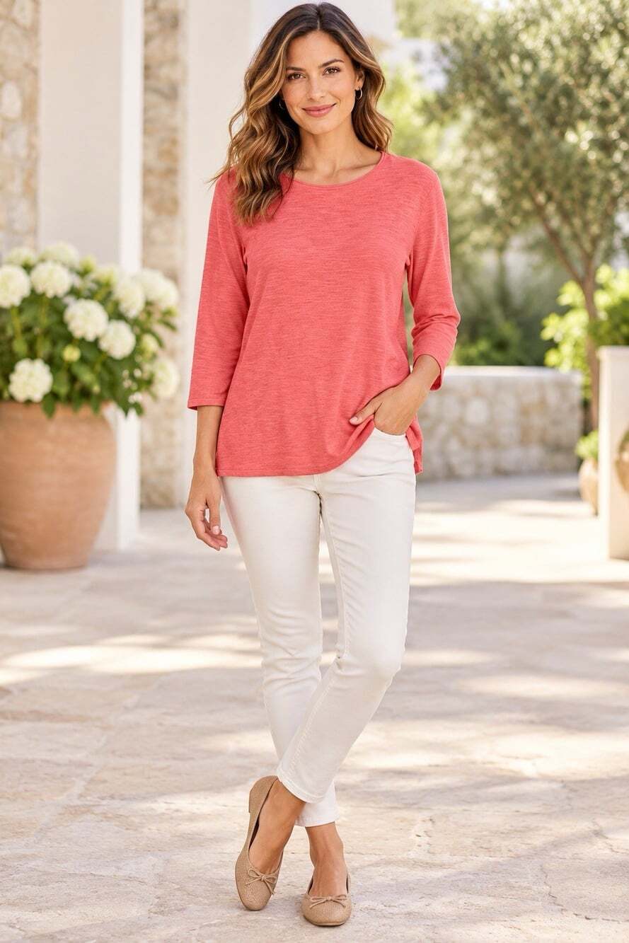 J Jill M Linen Cotton Coral Top 3/4 Sleeve Causal Minimalist Lightweight Coastal